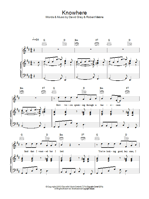 David Gray Knowhere Sheet Music Notes & Chords for Piano, Vocal & Guitar - Download or Print PDF