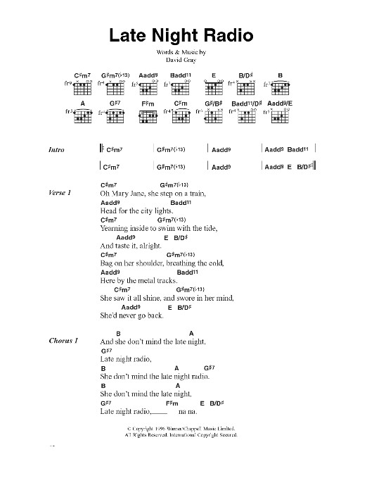 David Gray Late Night Radio Sheet Music Notes & Chords for Lyrics & Chords - Download or Print PDF