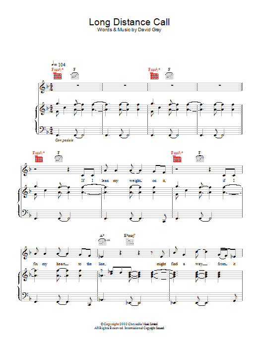 David Gray Long Distance Call Sheet Music Notes & Chords for Piano, Vocal & Guitar - Download or Print PDF