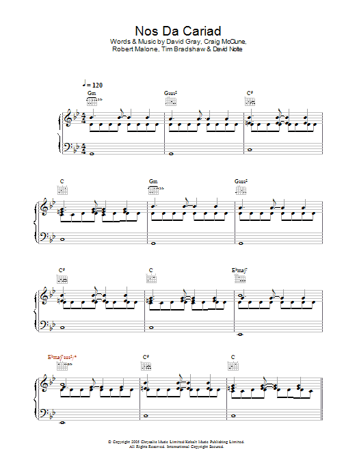 David Gray Nos Da Cariad Sheet Music Notes & Chords for Piano, Vocal & Guitar - Download or Print PDF