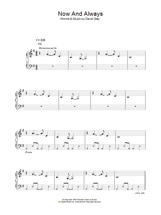 David Gray Now And Always Sheet Music Notes & Chords for Piano, Vocal & Guitar - Download or Print PDF