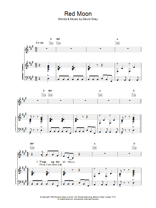 David Gray Red Moon Sheet Music Notes & Chords for Piano, Vocal & Guitar - Download or Print PDF