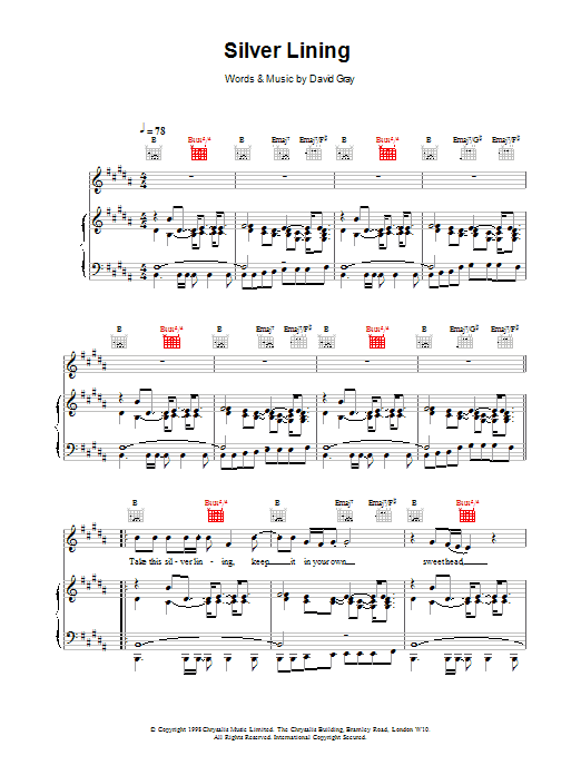 David Gray Silver Lining Sheet Music Notes & Chords for Piano, Vocal & Guitar - Download or Print PDF
