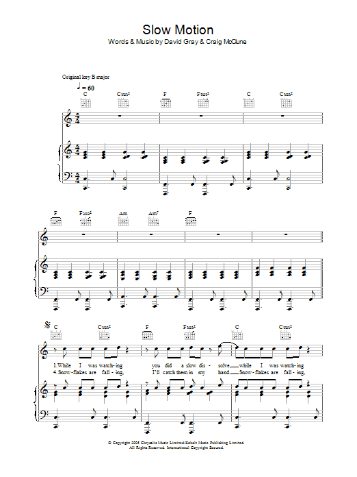 David Gray Slow Motion Sheet Music Notes & Chords for Piano, Vocal & Guitar - Download or Print PDF