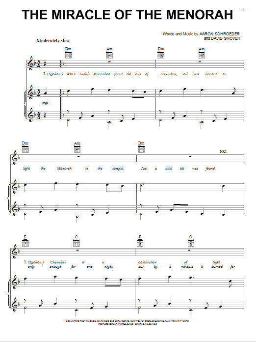 David Grover & The Big Bear Band The Miracle Of The Menorah Sheet Music Notes & Chords for Piano, Vocal & Guitar (Right-Hand Melody) - Download or Print PDF