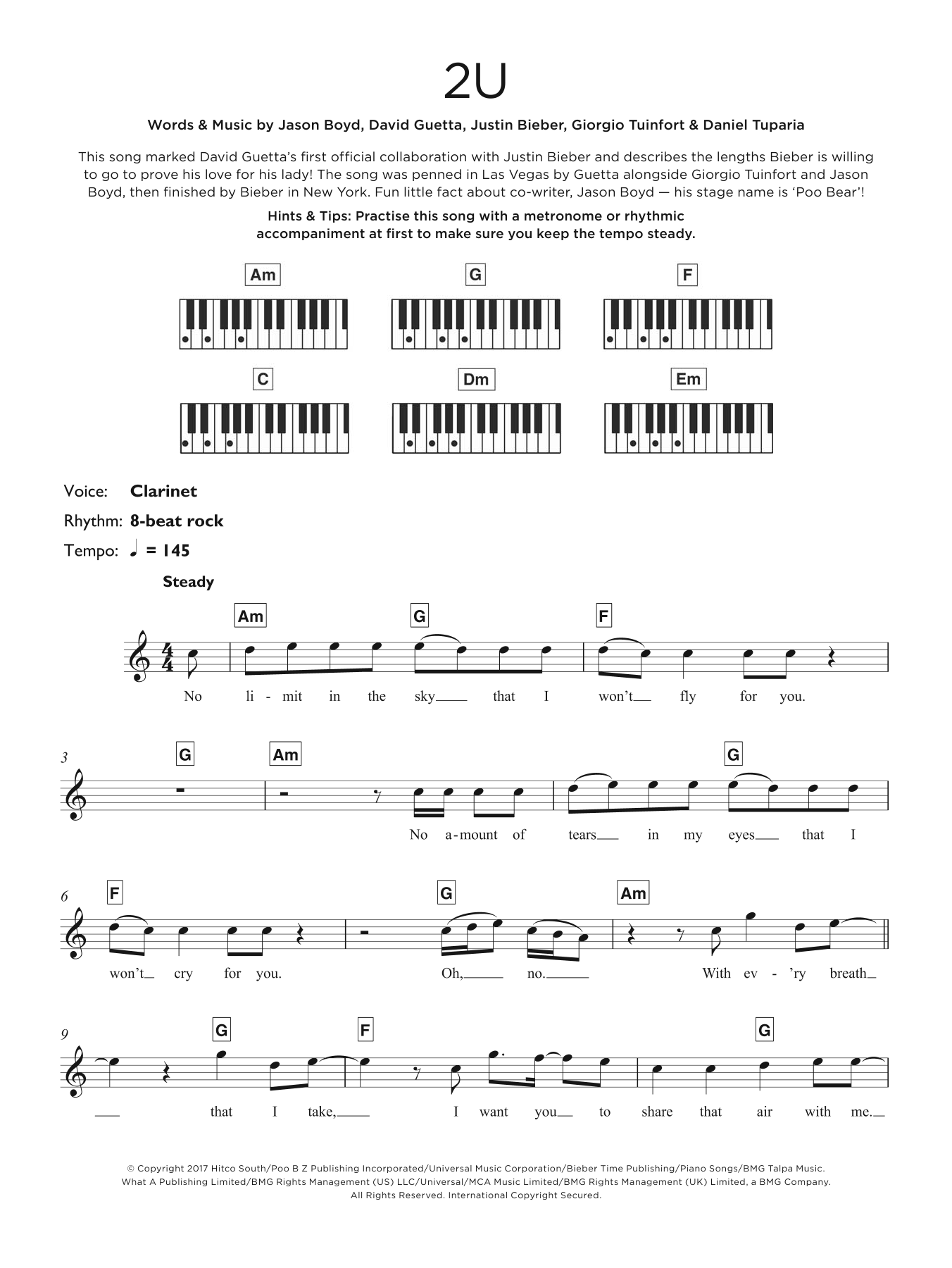 David Guetta 2U (feat. Justin Bieber) Sheet Music Notes & Chords for Easy Piano - Download or Print PDF