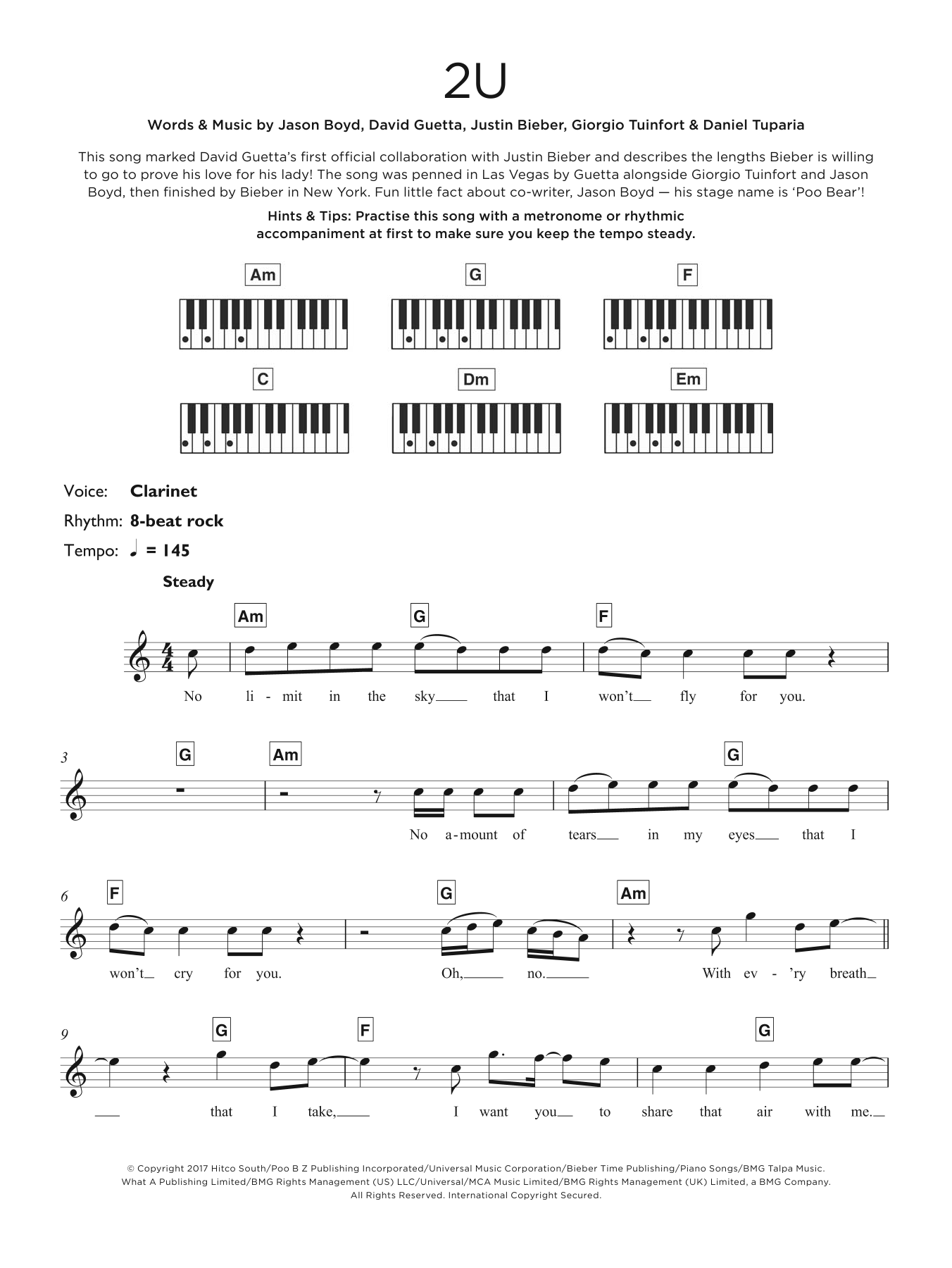David Guetta 2U (featuring Justin Bieber) Sheet Music Notes & Chords for Keyboard - Download or Print PDF