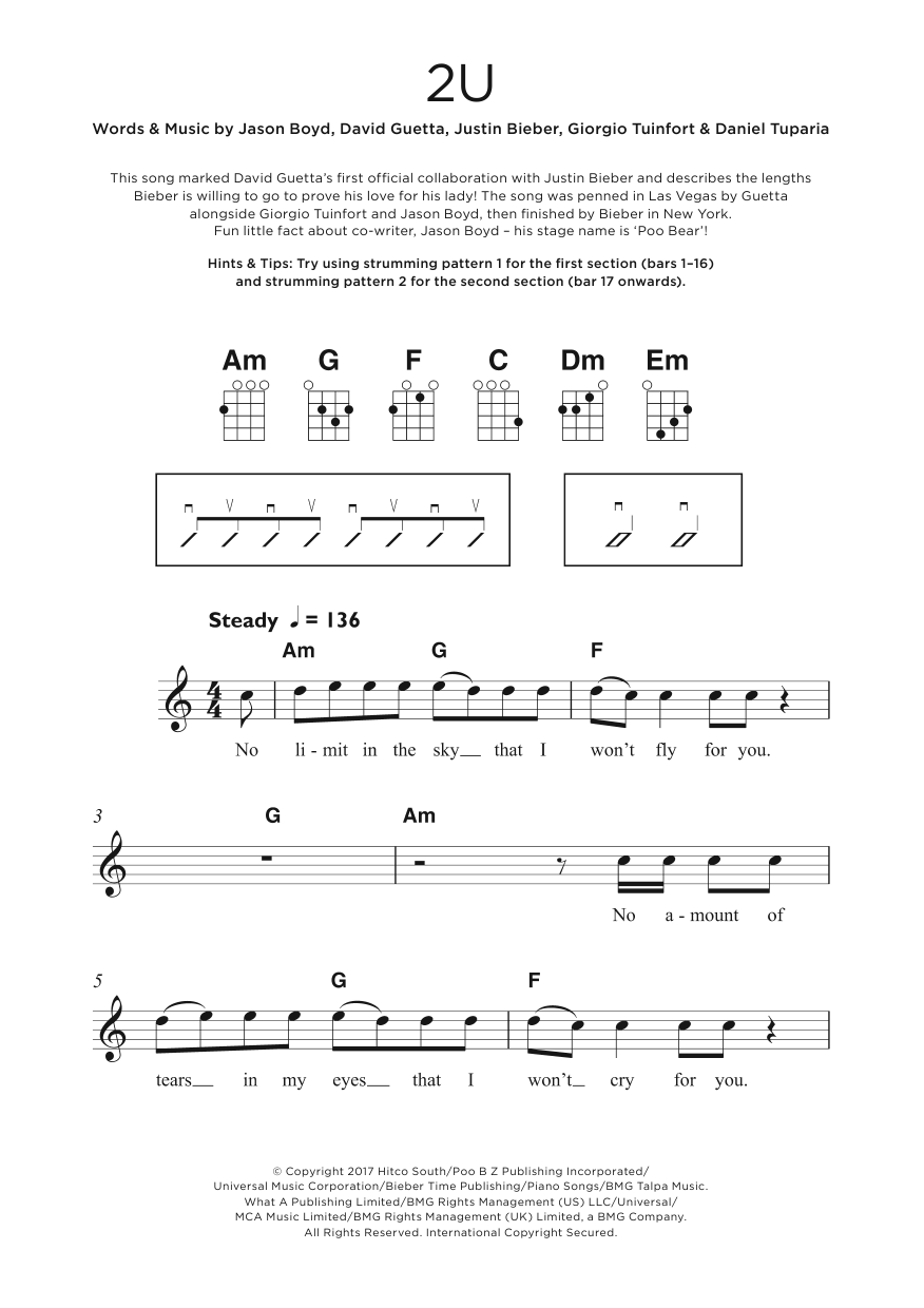 David Guetta 2U Sheet Music Notes & Chords for Beginner Ukulele - Download or Print PDF