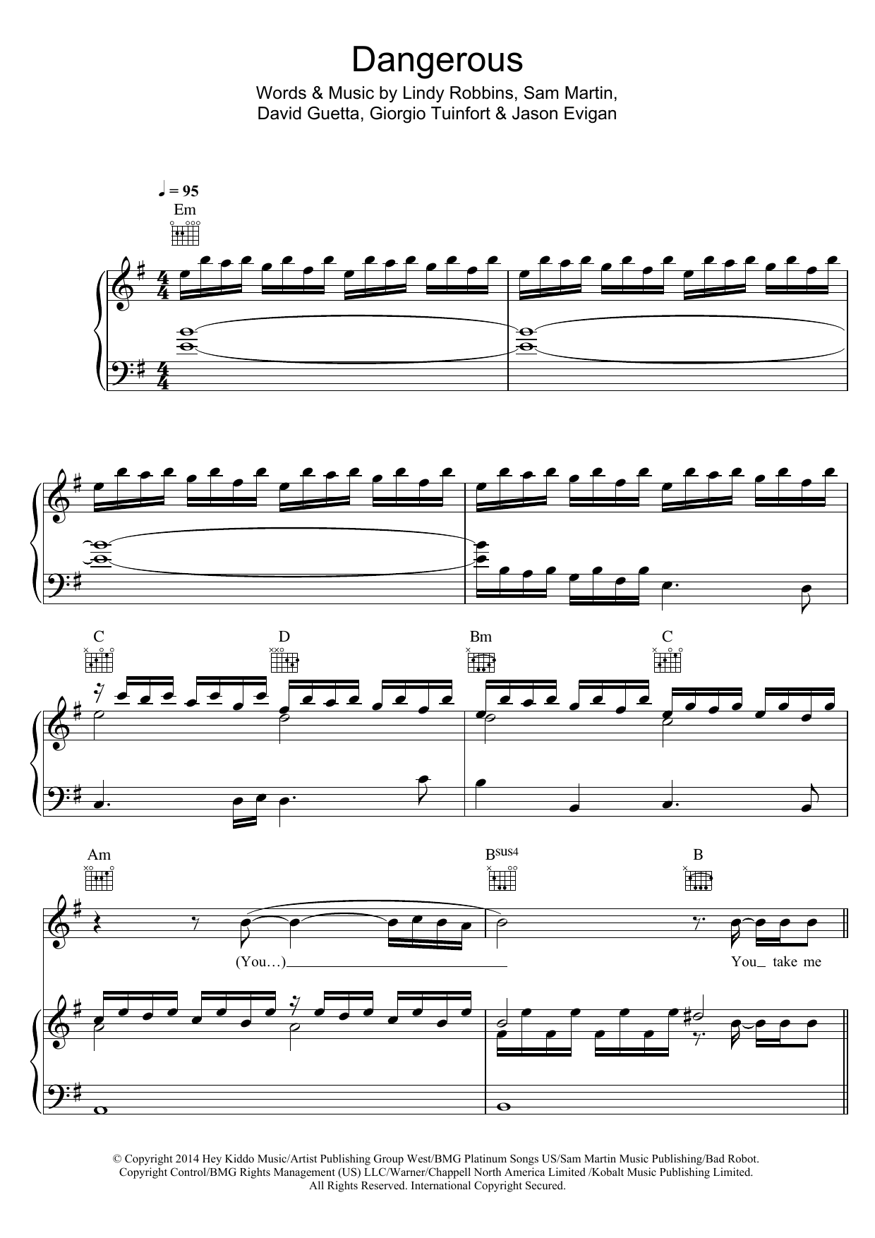 David Guetta Dangerous (feat. Sam Martin) Sheet Music Notes & Chords for Piano, Vocal & Guitar (Right-Hand Melody) - Download or Print PDF