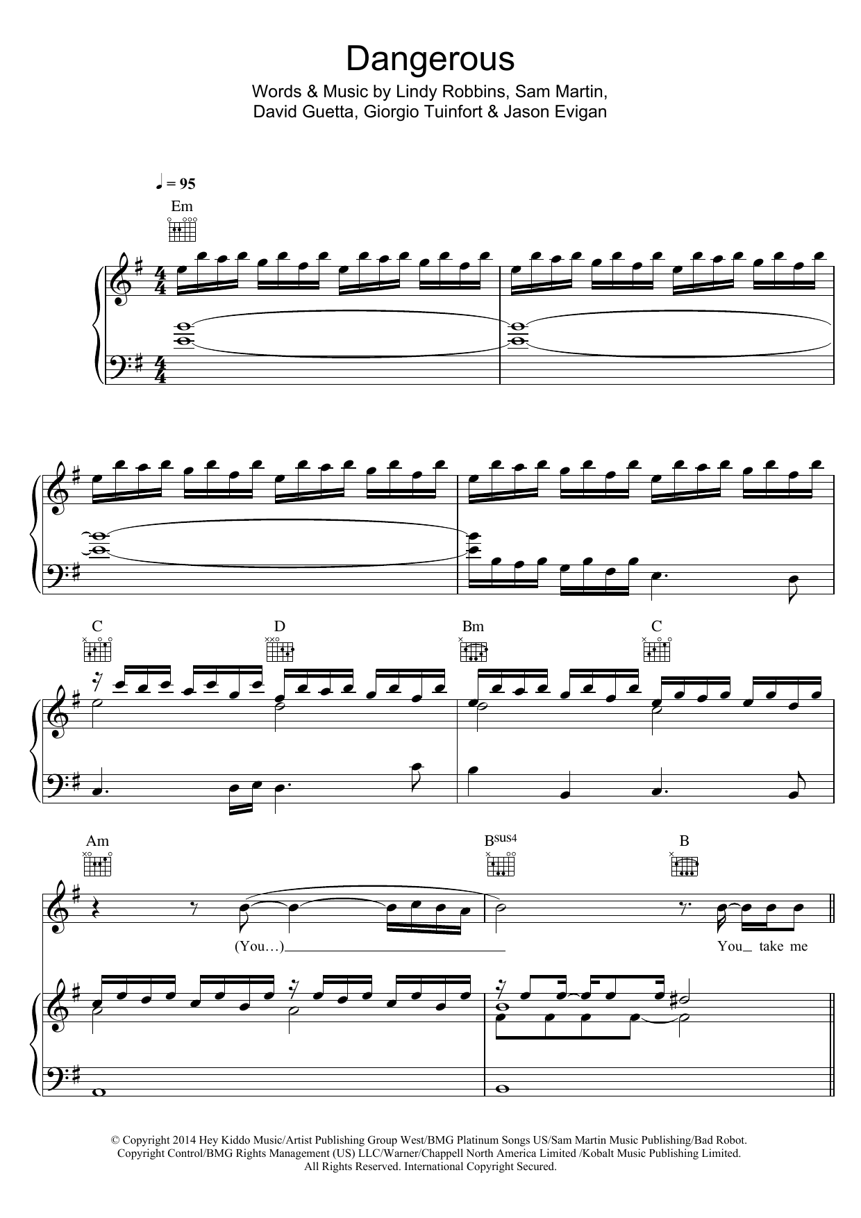 David Guetta Dangerous (featuring Sam Martin) Sheet Music Notes & Chords for Piano, Vocal & Guitar - Download or Print PDF