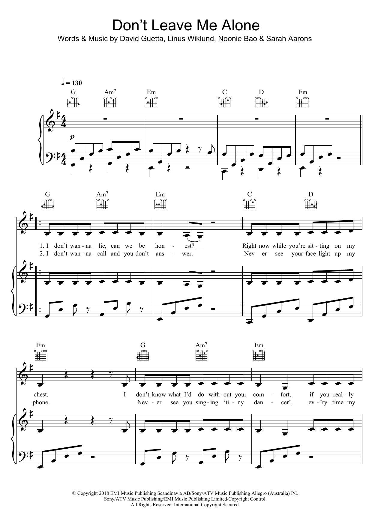 David Guetta Don't Leave Me Alone (featuring Anne-Marie) Sheet Music Notes & Chords for Piano, Vocal & Guitar (Right-Hand Melody) - Download or Print PDF