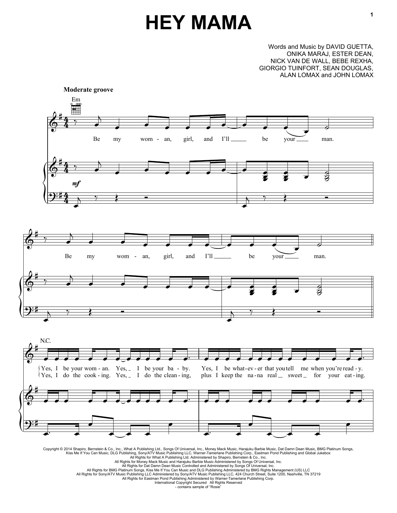 David Guetta feat. Nicki Minaj & Afrojack Hey Mama Sheet Music Notes & Chords for Piano, Vocal & Guitar (Right-Hand Melody) - Download or Print PDF