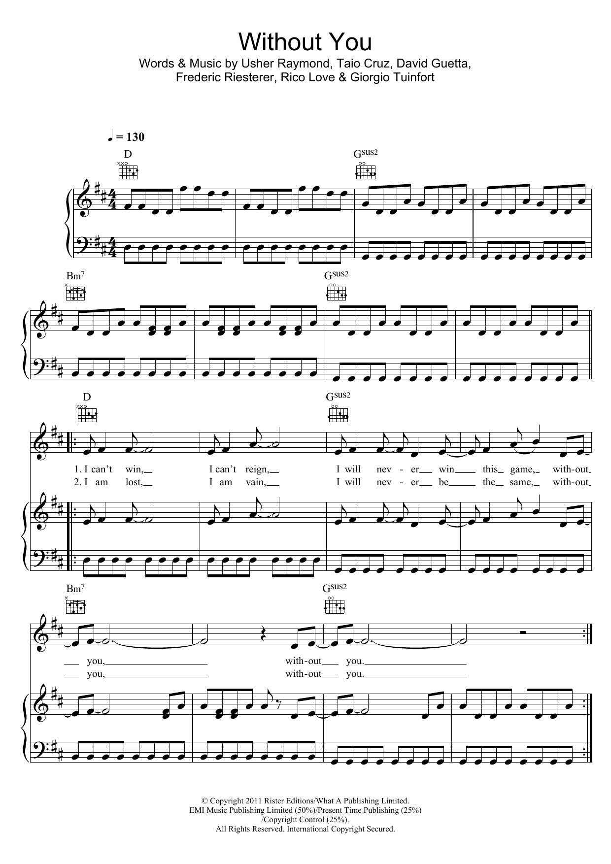 David Guetta featuring Usher Without You (featuring Usher) Sheet Music Notes & Chords for Piano, Vocal & Guitar (Right-Hand Melody) - Download or Print PDF