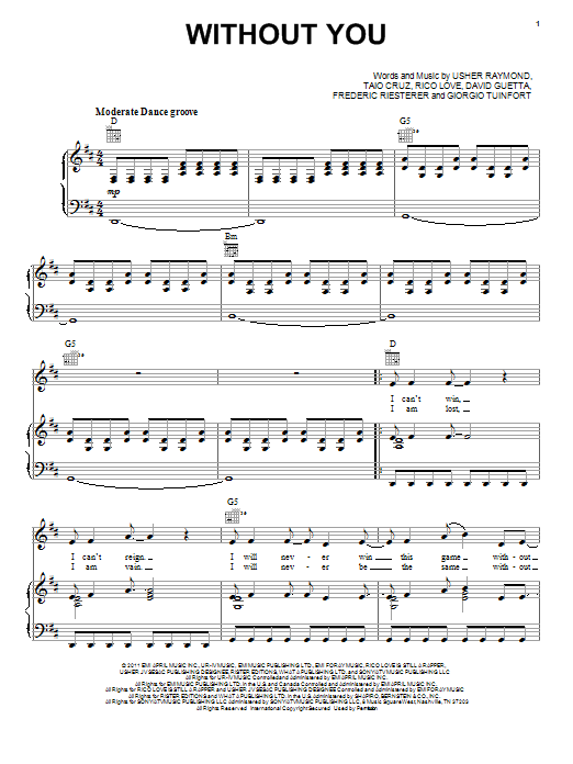 David Guetta featuring Usher Without You Sheet Music Notes & Chords for Piano, Vocal & Guitar (Right-Hand Melody) - Download or Print PDF