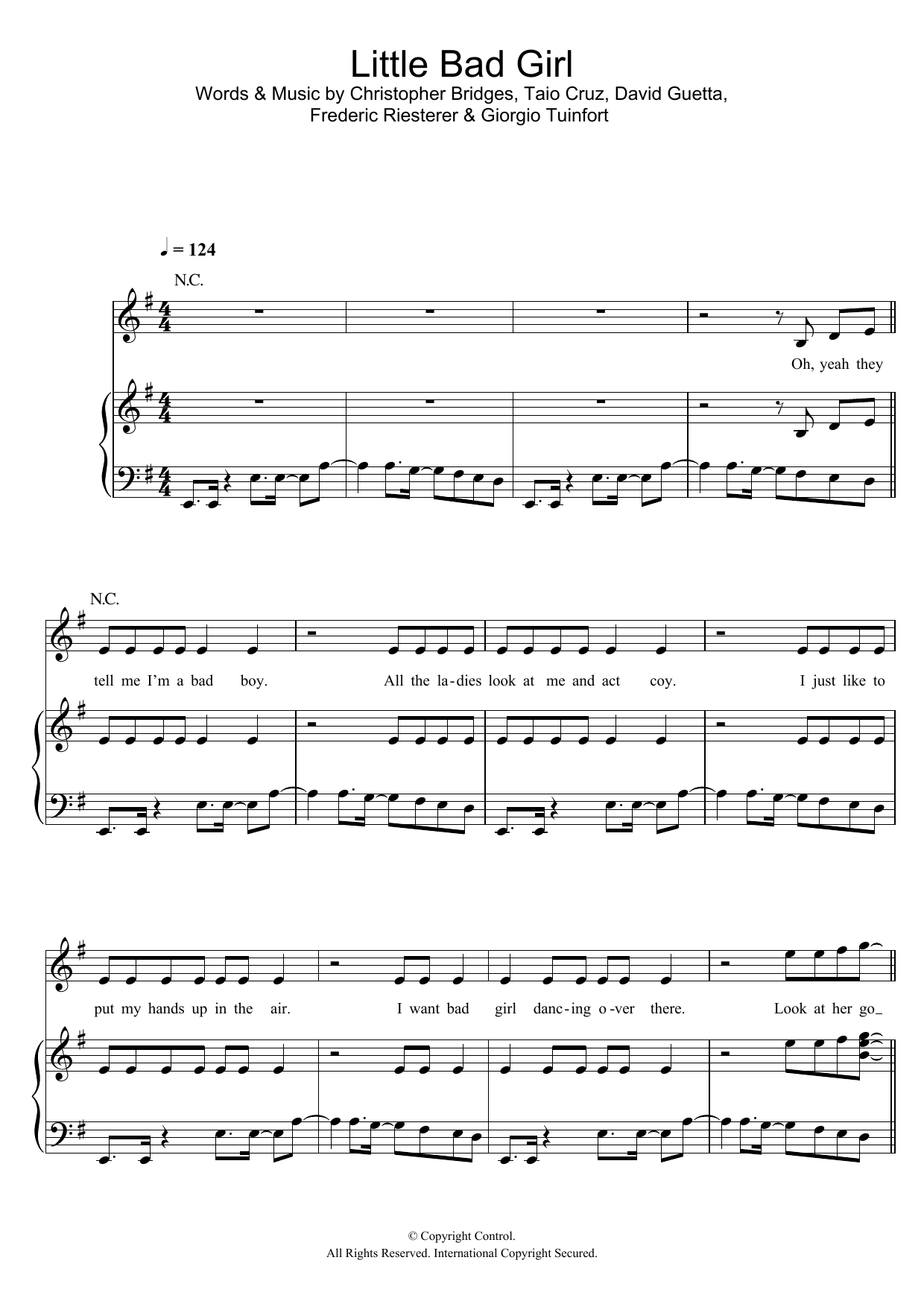 David Guetta Little Bad Girl (featuring Taio Cruz) Sheet Music Notes & Chords for Piano, Vocal & Guitar (Right-Hand Melody) - Download or Print PDF