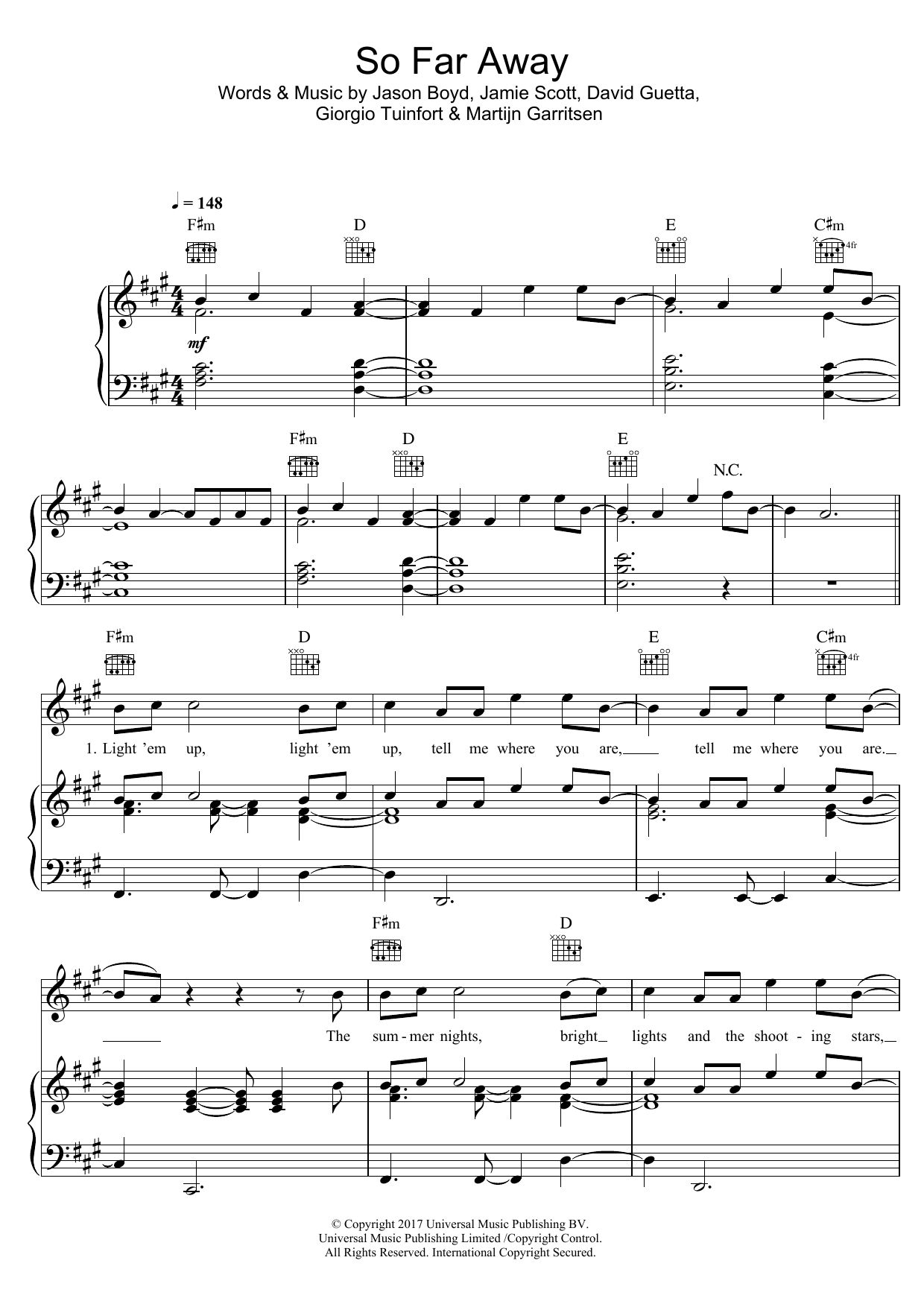 David Guetta So Far Away (featuring Jamie Scott and Romy Dya) Sheet Music Notes & Chords for Piano, Vocal & Guitar (Right-Hand Melody) - Download or Print PDF