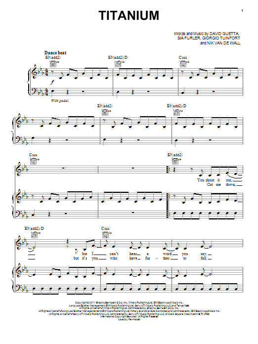 David Guetta Titanium (feat. Sia) Sheet Music Notes & Chords for Piano, Vocal & Guitar (Right-Hand Melody) - Download or Print PDF