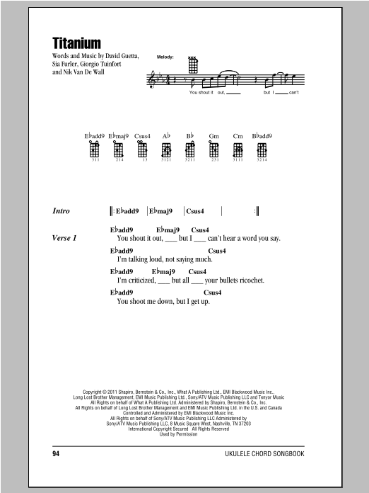 David Guetta Titanium Sheet Music Notes & Chords for Ukulele with strumming patterns - Download or Print PDF