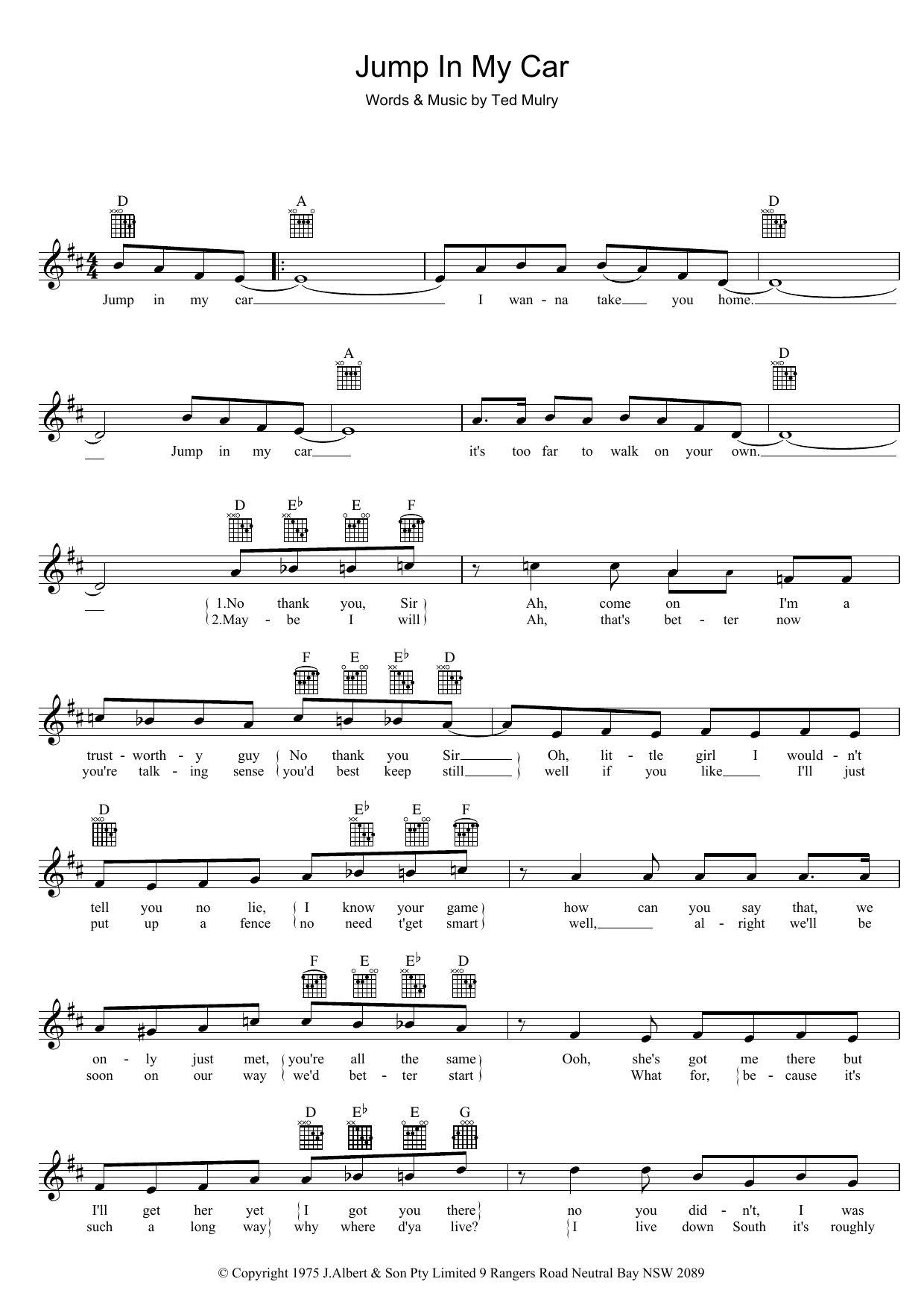 David Hasselhoff Jump In My Car Sheet Music Notes & Chords for Melody Line, Lyrics & Chords - Download or Print PDF