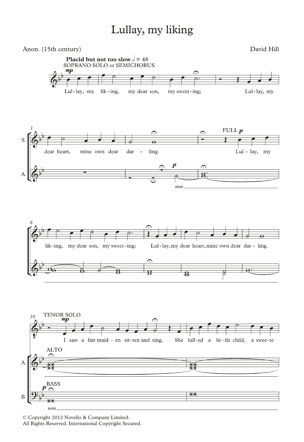 David Hill Lullay, My Liking Sheet Music Notes & Chords for SATB Choir - Download or Print PDF