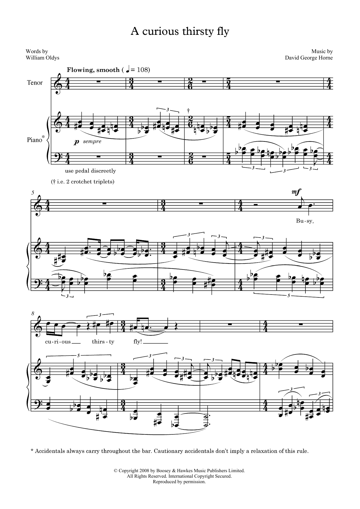 David Horne A curious thirsty fly (for tenor and piano) Sheet Music Notes & Chords for Piano & Vocal - Download or Print PDF