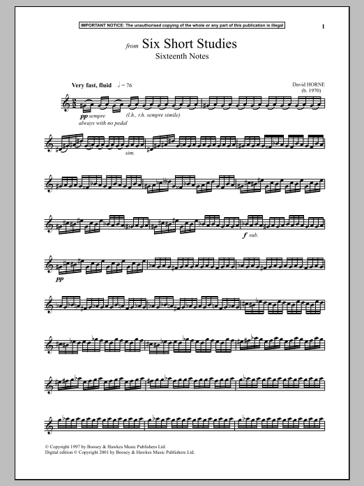 David Horne Six Short Studies, Sixteenth Notes Sheet Music Notes & Chords for Piano - Download or Print PDF