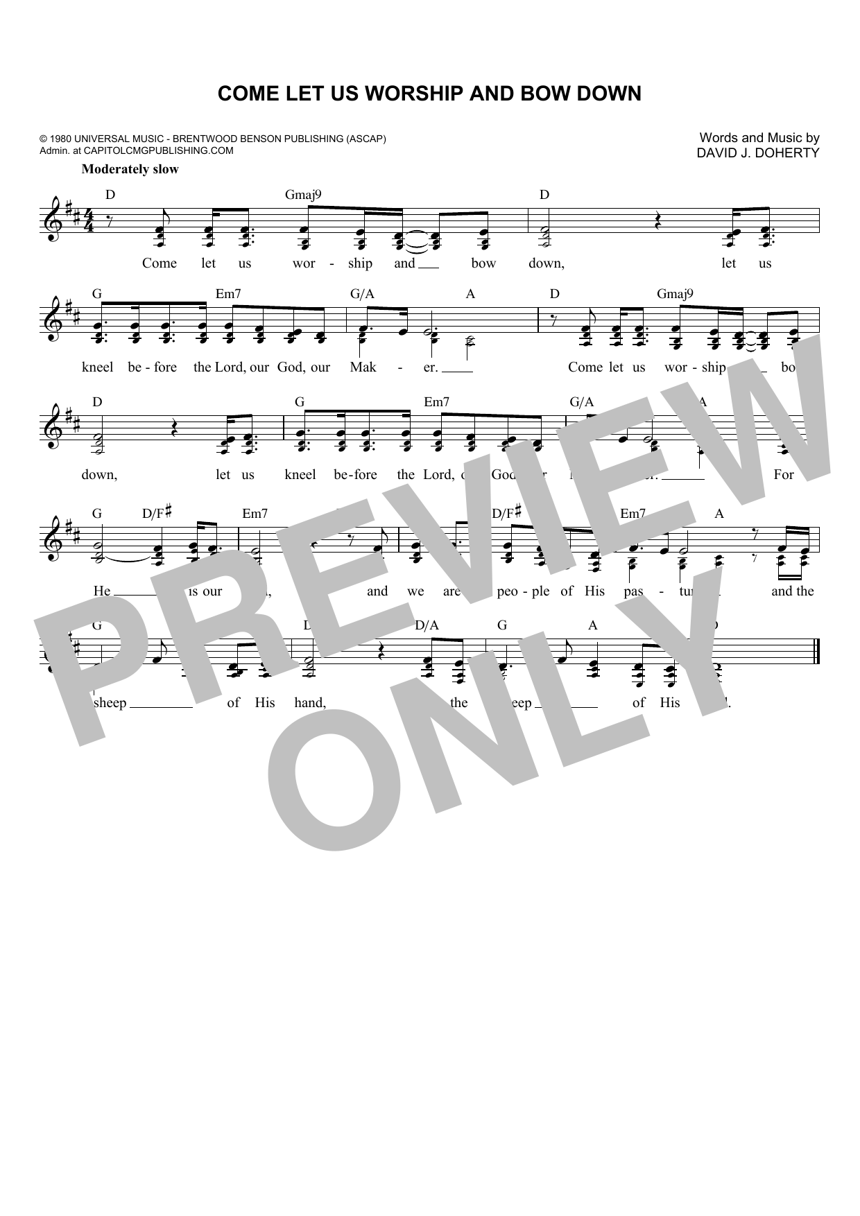 David J. Doherty Come Let Us Worship And Bow Down Sheet Music Notes & Chords for Melody Line, Lyrics & Chords - Download or Print PDF