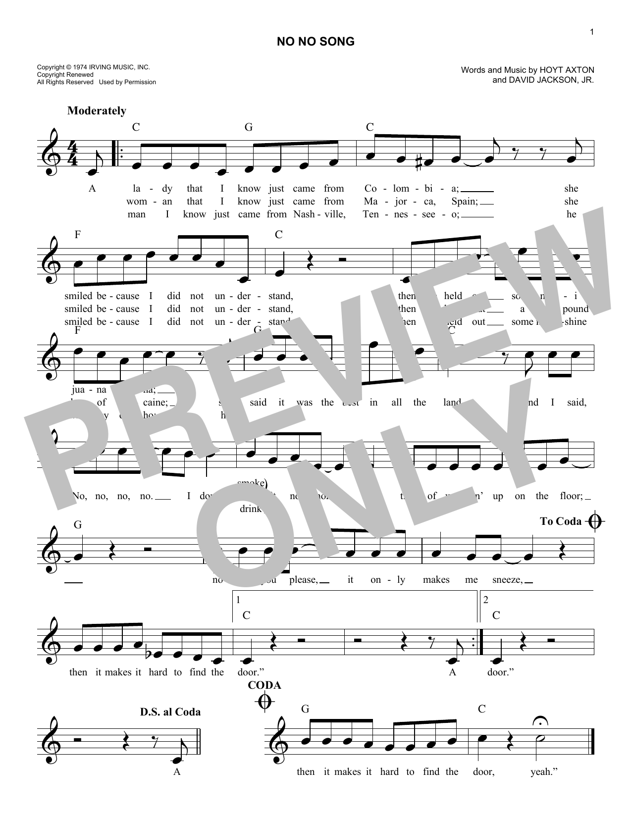 David Jackson, Jr. No No Song Sheet Music Notes & Chords for Melody Line, Lyrics & Chords - Download or Print PDF