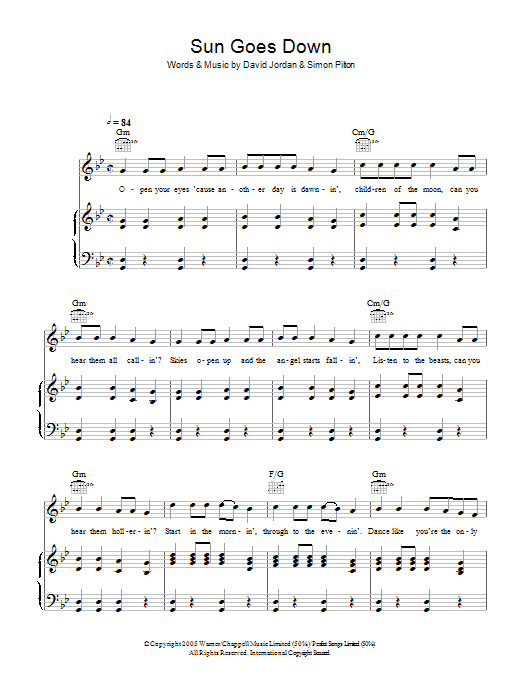 David Jordan Sun Goes Down Sheet Music Notes & Chords for Piano, Vocal & Guitar - Download or Print PDF