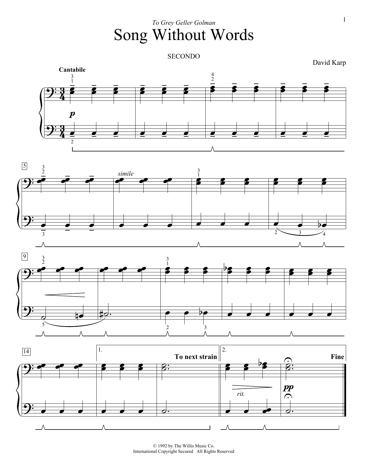 David Karp Song Without Words Sheet Music Notes & Chords for Piano Duet - Download or Print PDF