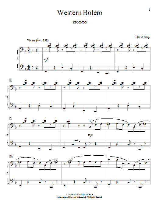 David Karp Western Bolero Sheet Music Notes & Chords for Piano Duet - Download or Print PDF