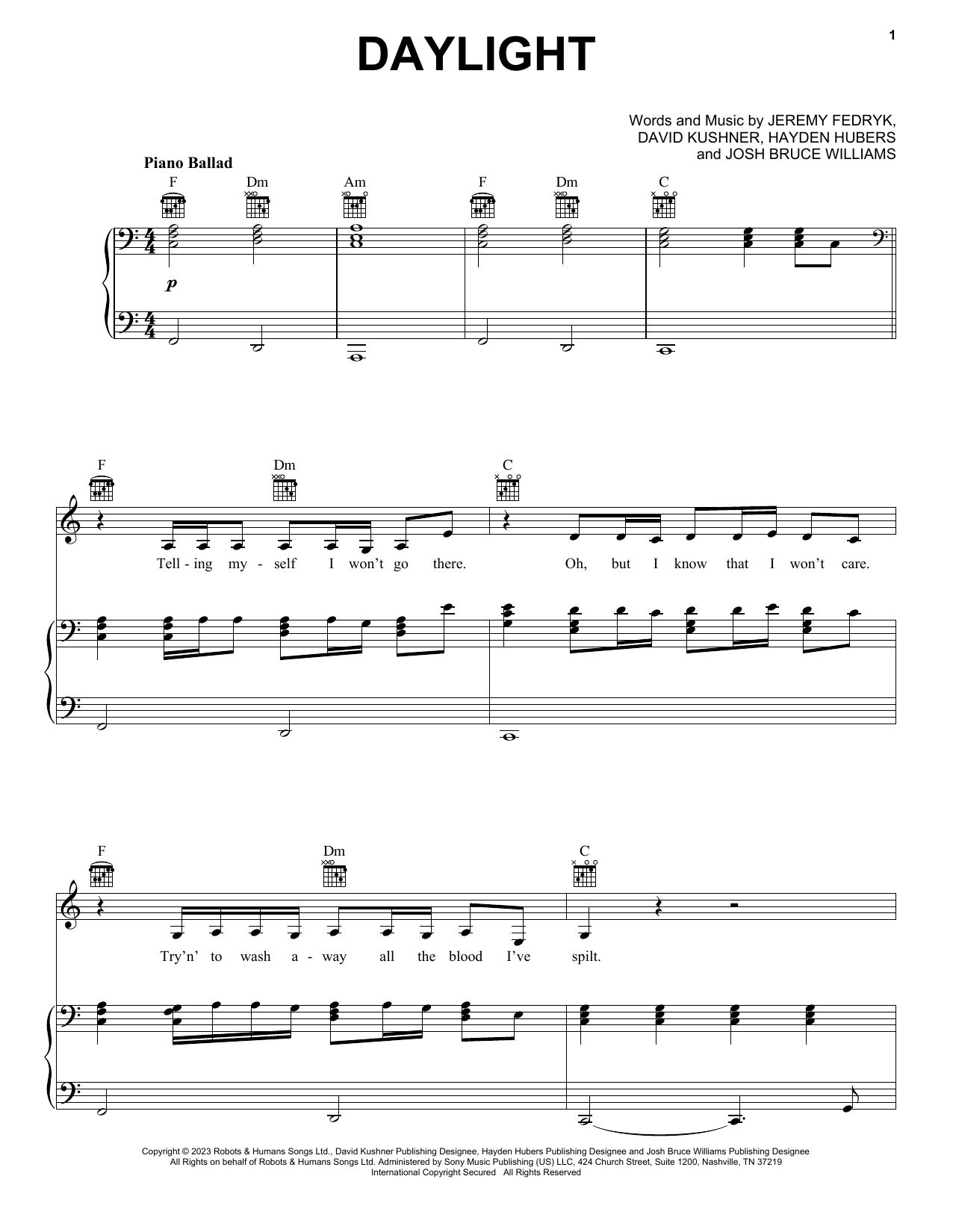 David Kushner Daylight Sheet Music Notes & Chords for Piano, Vocal & Guitar Chords (Right-Hand Melody) - Download or Print PDF