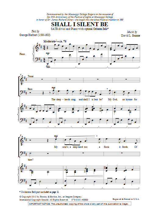 David L. Brunner Shall I Silent Be Sheet Music Notes & Chords for SATB - Download or Print PDF