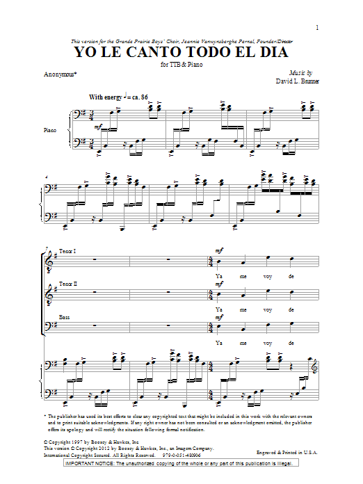 David L. Brunner Yo Le Canto Todo El Dia Sheet Music Notes & Chords for TTBB - Download or Print PDF