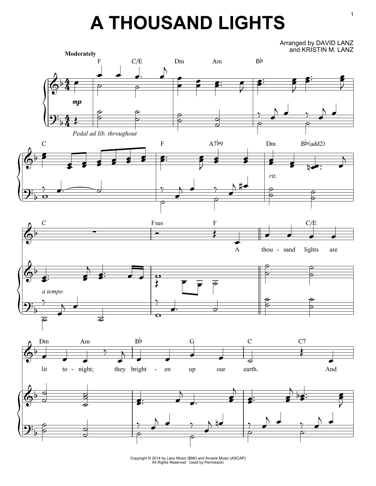 David Lanz & Kristin Amarie A Thousand Lights Sheet Music Notes & Chords for Piano Solo - Download or Print PDF