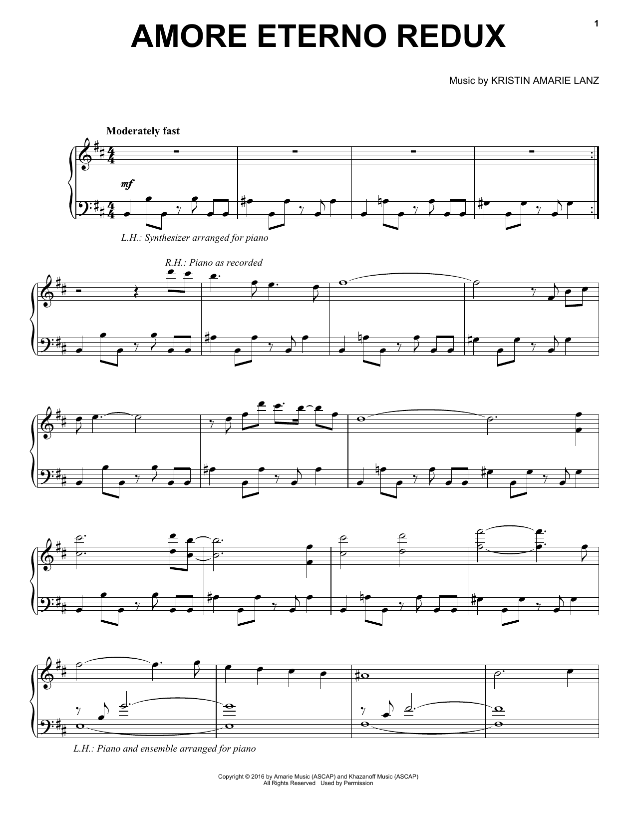 David Lanz & Kristin Amarie Amore Eterno Redux Sheet Music Notes & Chords for Piano Solo - Download or Print PDF
