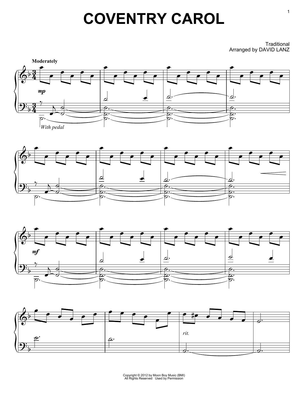 David Lanz Coventry Carol Sheet Music Notes & Chords for Piano Solo - Download or Print PDF