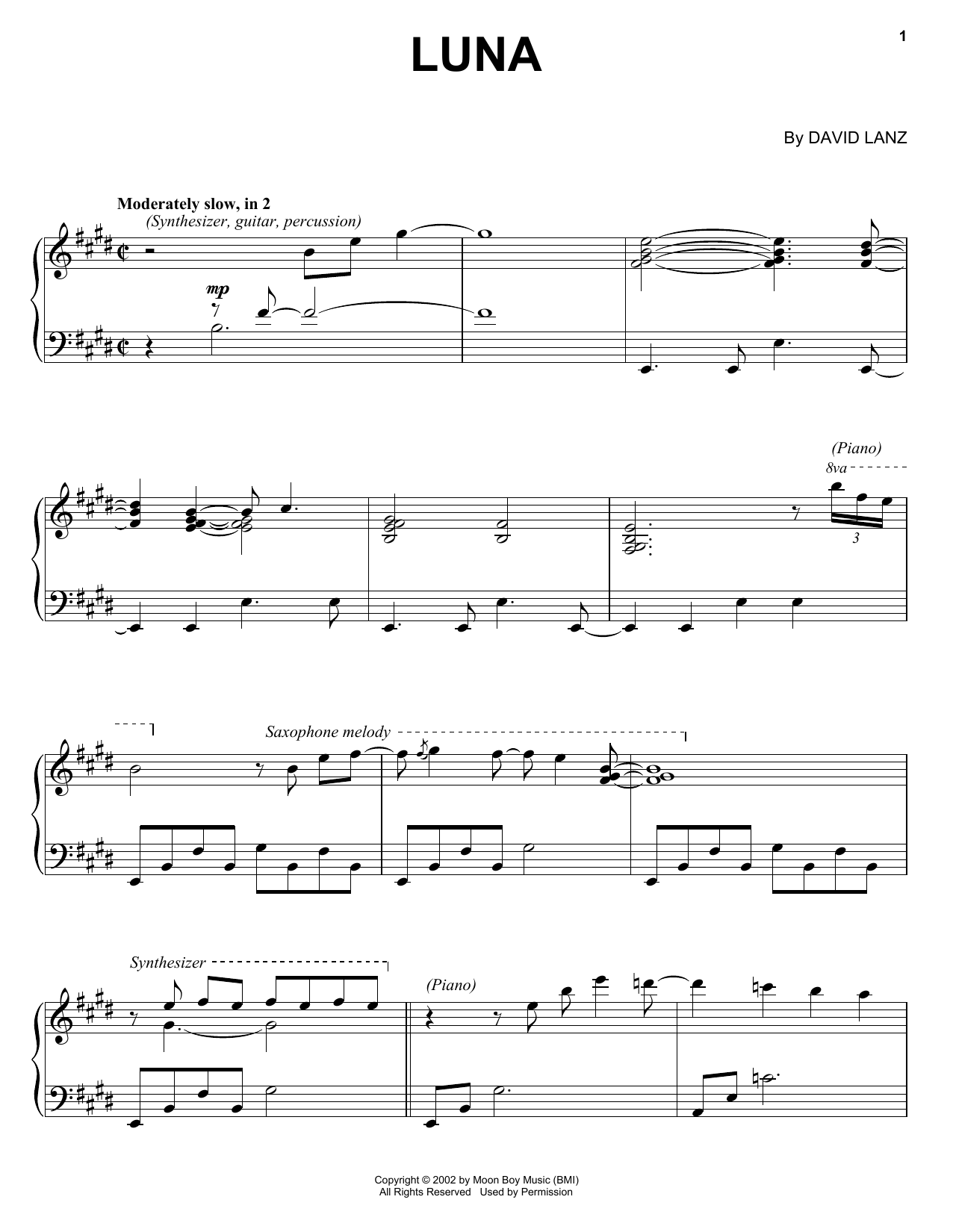 David Lanz Luna Sheet Music Notes & Chords for Piano Solo - Download or Print PDF