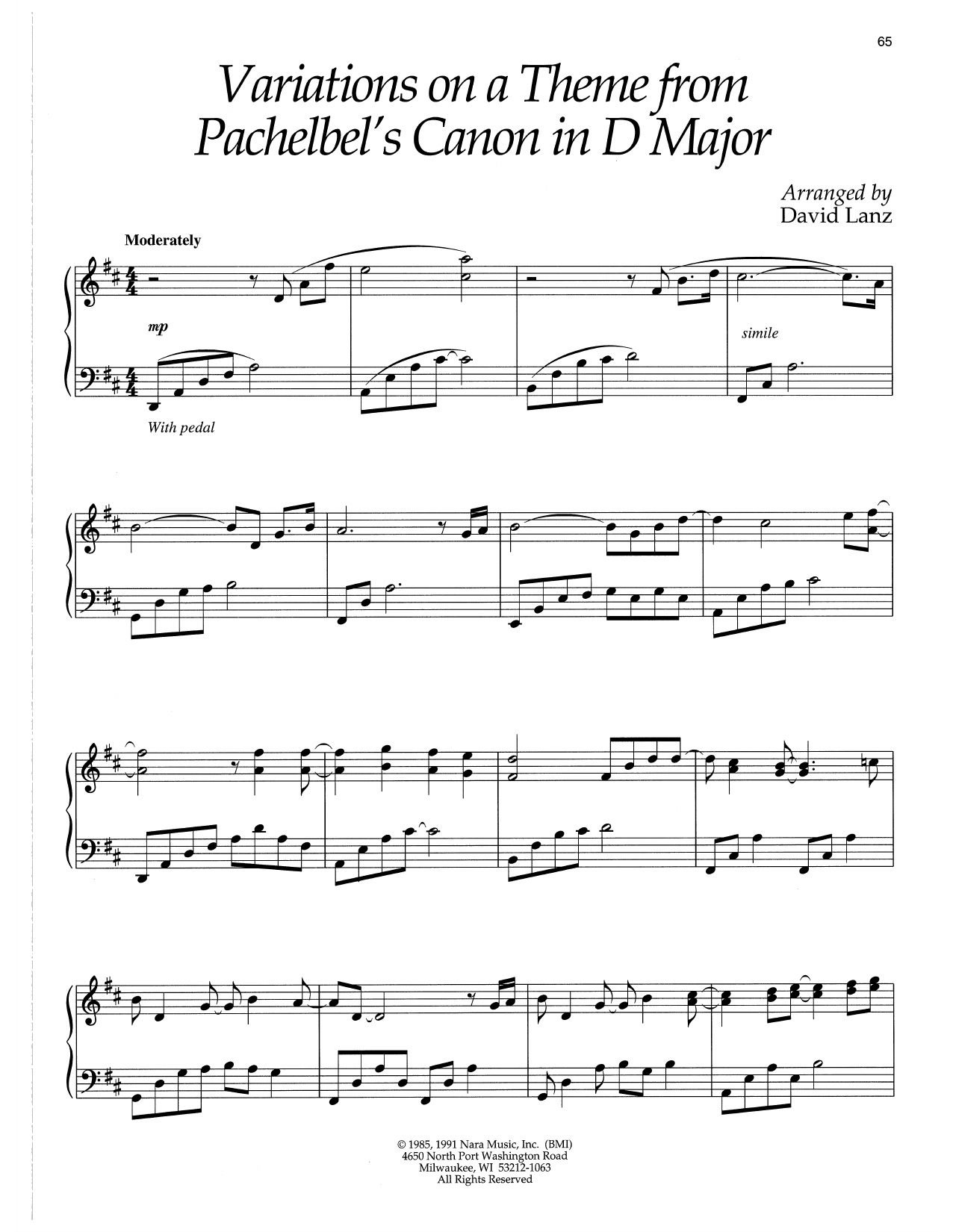 David Lanz Variations On A Theme From Pachelbel's Canon In D Major Sheet Music Notes & Chords for Piano Solo - Download or Print PDF
