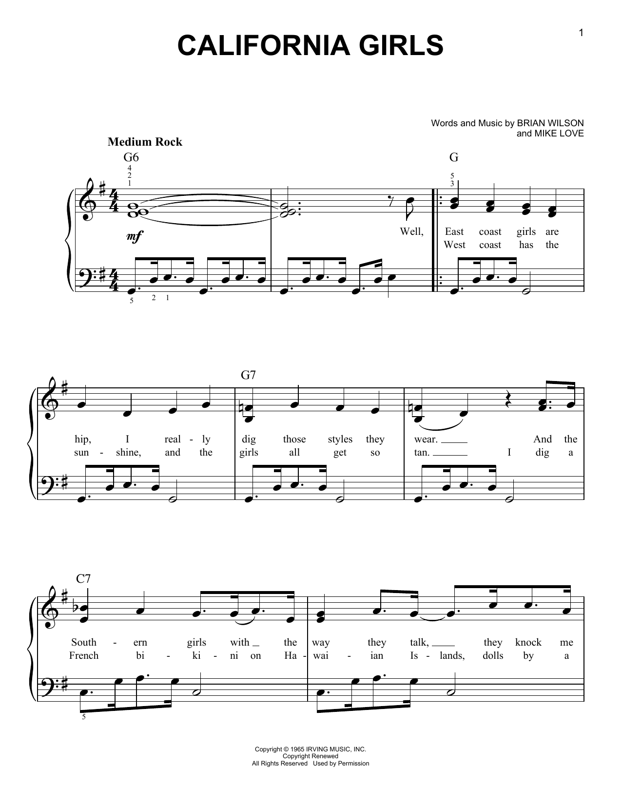 David Lee Roth California Girls Sheet Music Notes & Chords for Piano (Big Notes) - Download or Print PDF