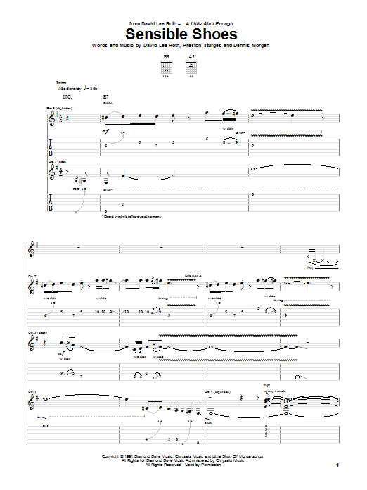 David Lee Roth Sensible Shoes Sheet Music Notes & Chords for Guitar Tab - Download or Print PDF