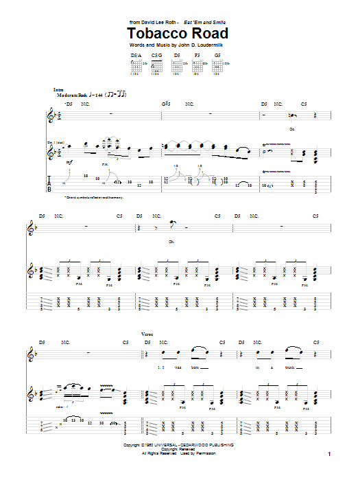 David Lee Roth Tobacco Road Sheet Music Notes & Chords for Guitar Tab - Download or Print PDF