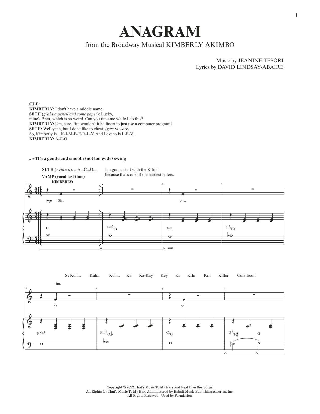 David Lindsay-Abaire and Jeanine Tesori Anagram (from Kimberly Akimbo) Sheet Music Notes & Chords for Piano & Vocal - Download or Print PDF