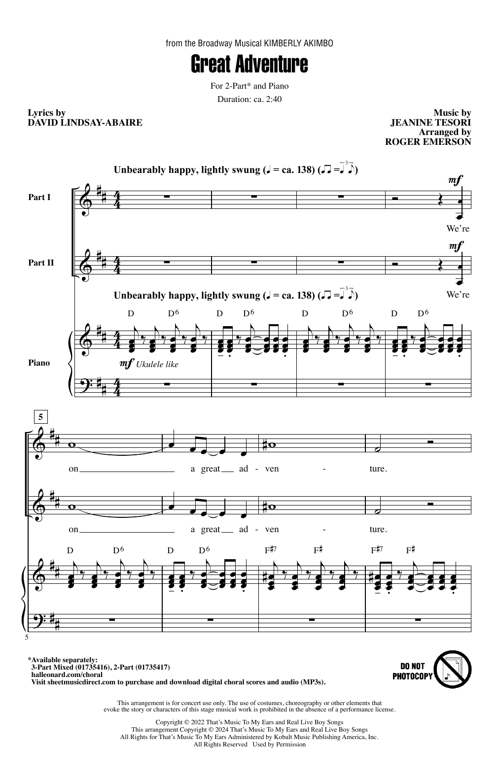 David Lindsay-Abaire and Jeanine Tesori Great Adventure (from Kimberkly Akimbo) (arr. Roger Emerson) Sheet Music Notes & Chords for 2-Part Choir - Download or Print PDF