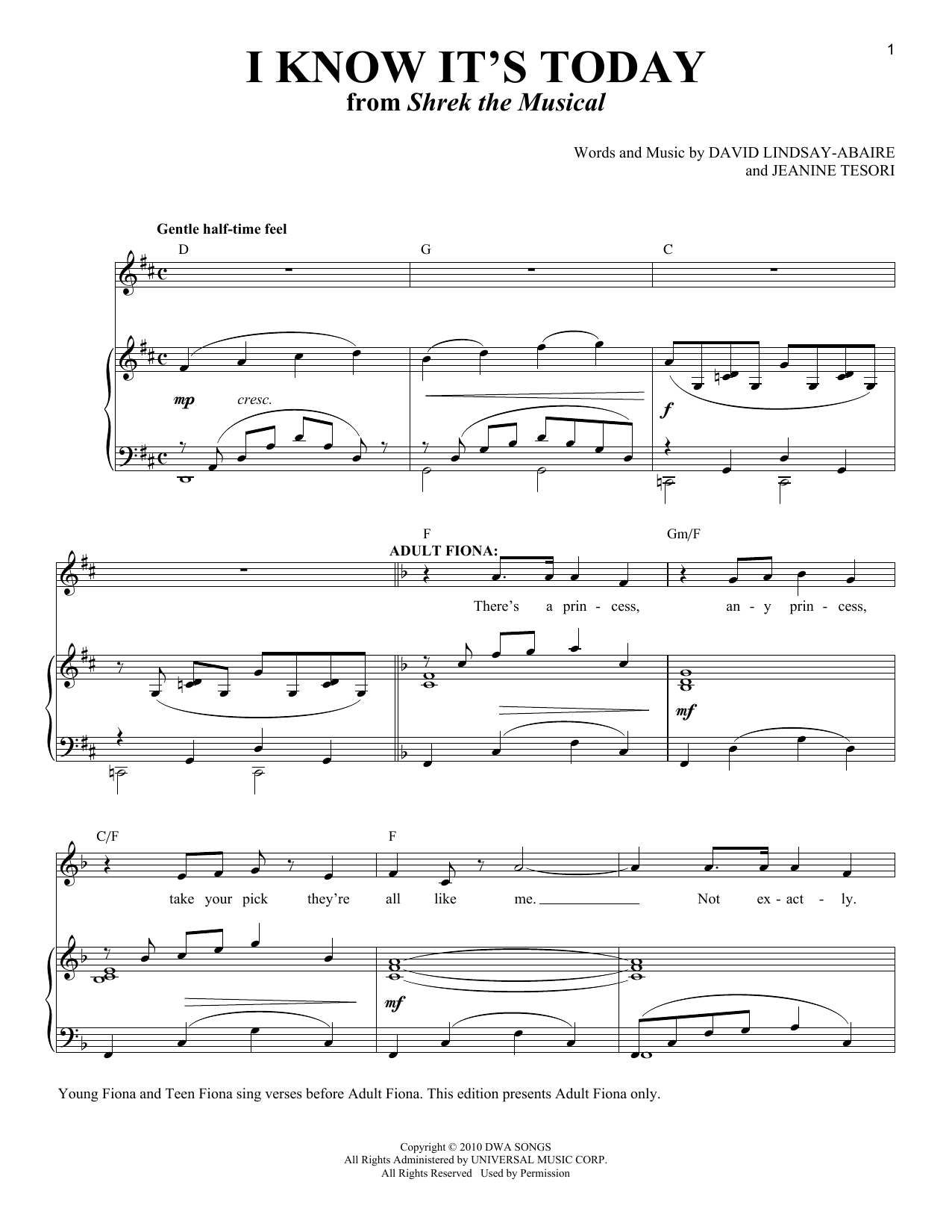 David Lindsay-Abaire and Jeanine Tesori I Know It's Today (from Shrek the Musical) (Adult Fiona) Sheet Music Notes & Chords for Piano & Vocal - Download or Print PDF