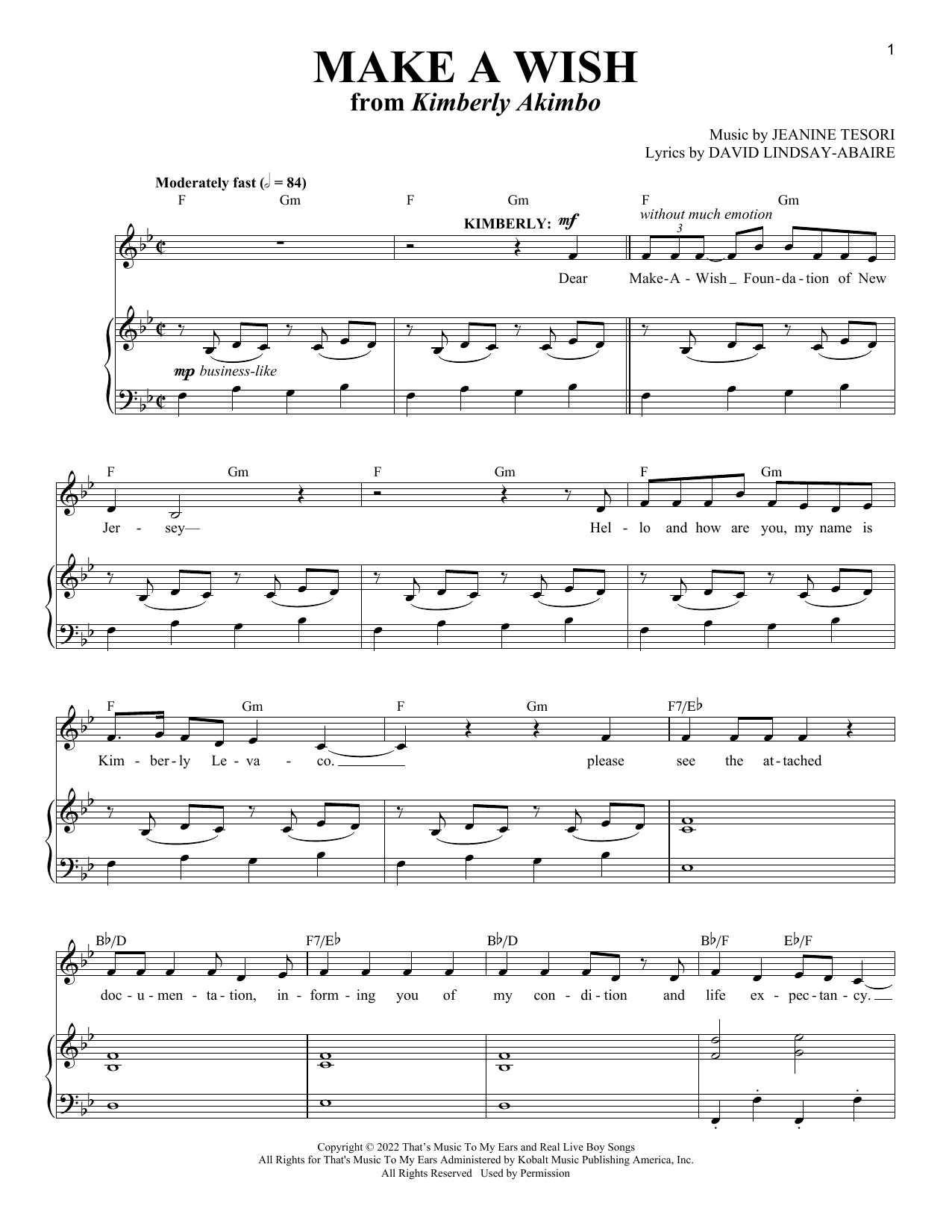 David Lindsay-Abaire and Jeanine Tesori Make A Wish (from Kimberly Akimbo) Sheet Music Notes & Chords for Piano & Vocal - Download or Print PDF