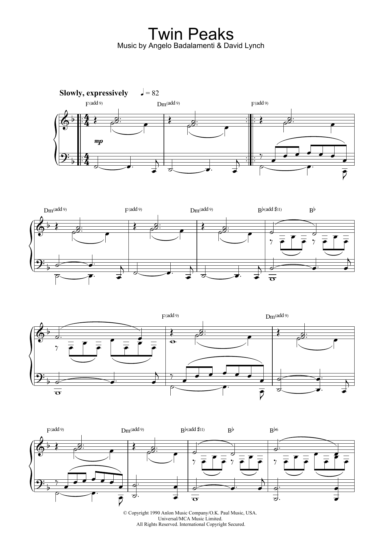 Angelo Badalamenti Theme from Twin Peaks Sheet Music Notes & Chords for Piano - Download or Print PDF