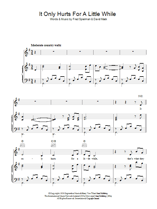 David Mack It Only Hurts For A Little While Sheet Music Notes & Chords for Piano, Vocal & Guitar (Right-Hand Melody) - Download or Print PDF