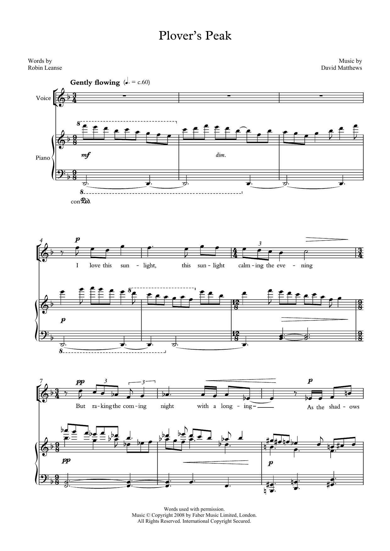 David Matthews Plover's Peak (for tenor and piano) Sheet Music Notes & Chords for Piano & Vocal - Download or Print PDF