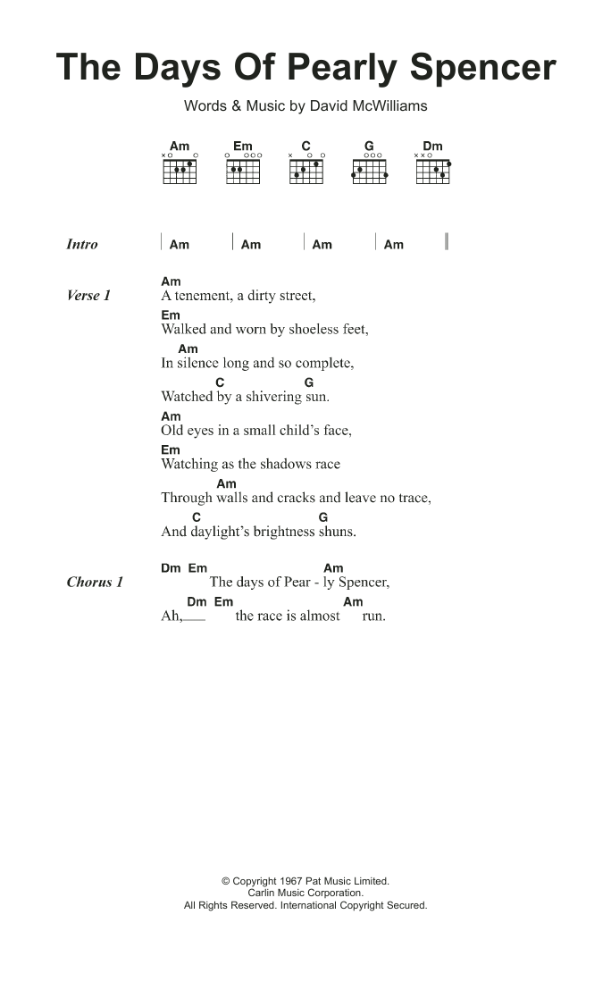 David McWilliams The Days Of Pearly Spencer Sheet Music Notes & Chords for Lyrics & Chords - Download or Print PDF David McWilliams The Days Of Pearly Spencer Sheet Music Notes & Chords for Lyrics & Chords - Download or Print PDF